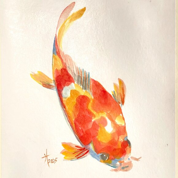 Curious Koi Original Watercolor Wall Art Painting 11x14in Matted Frame Ready